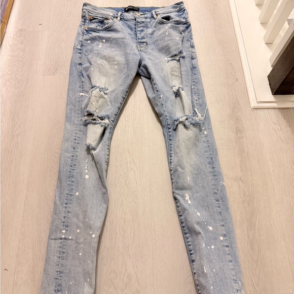 Purple brand distressed splatter paint jeans size 33